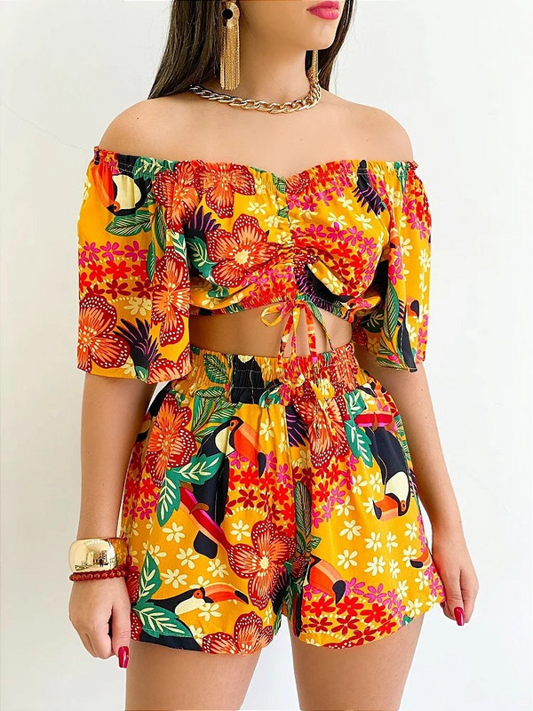 Seksikas õlavaba kaelusega T-särgi lühikeste pükste komplekt Office Lady Lilleprinteriga pitsitud lühikeste varrukatega kaheosaline naiste komplekt 2023