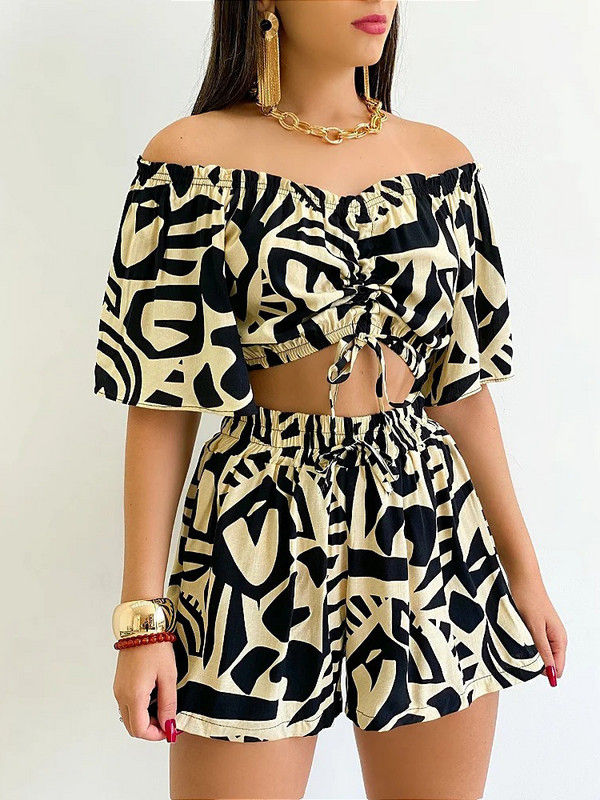 Seksikas õlavaba kaelusega T-särgi lühikeste pükste komplekt Office Lady Lilleprinteriga pitsitud lühikeste varrukatega kaheosaline naiste komplekt 2023