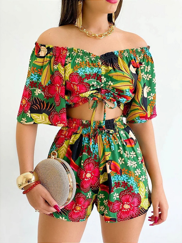 Seksikas õlavaba kaelusega T-särgi lühikeste pükste komplekt Office Lady Lilleprinteriga pitsitud lühikeste varrukatega kaheosaline naiste komplekt 2023