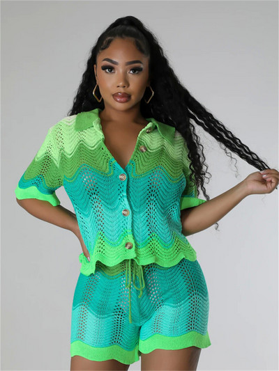 Vasaras ikdienas trikotāžas 2 divu gabalu komplekti treniņtērpi Sieviešu tērpi īsām piedurknēm raibs topi Zaļi tamborēti šorti, kostīmi