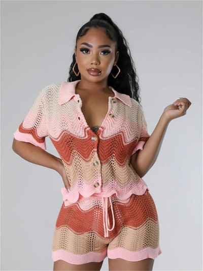 Vasaras ikdienas trikotāžas 2 divu gabalu komplekti treniņtērpi Sieviešu tērpi īsām piedurknēm raibs topi Zaļi tamborēti šorti, kostīmi