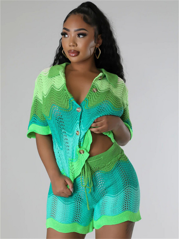 Vasaras ikdienas trikotāžas 2 divu gabalu komplekti treniņtērpi Sieviešu tērpi īsām piedurknēm raibs topi Zaļi tamborēti šorti, kostīmi