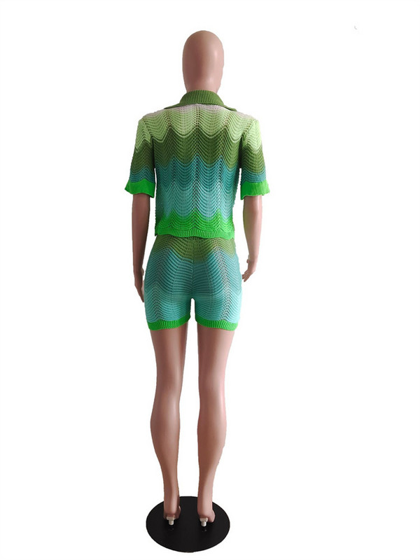 Vasaras ikdienas trikotāžas 2 divu gabalu komplekti treniņtērpi Sieviešu tērpi īsām piedurknēm raibs topi Zaļi tamborēti šorti, kostīmi