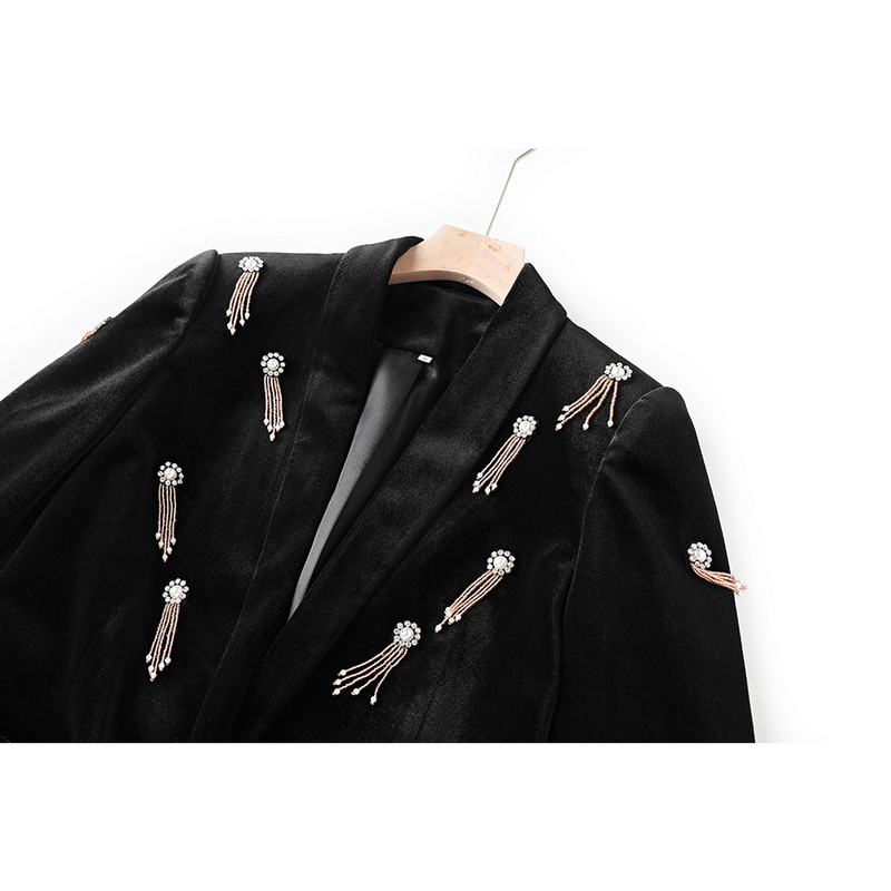 Uus sügistalvine luksuslik must sametkangas kvaliteet teemandid helmed naistele 2 tk bleiseri ülikonnad High Street, topeltkomplektid