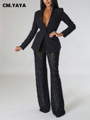 CM.YAYA Set de damă Street Chic Costum blazer cu mânecă lungă și pantaloni din plasă cu margele Iarna 2023 Set 2 piese ținută Trening