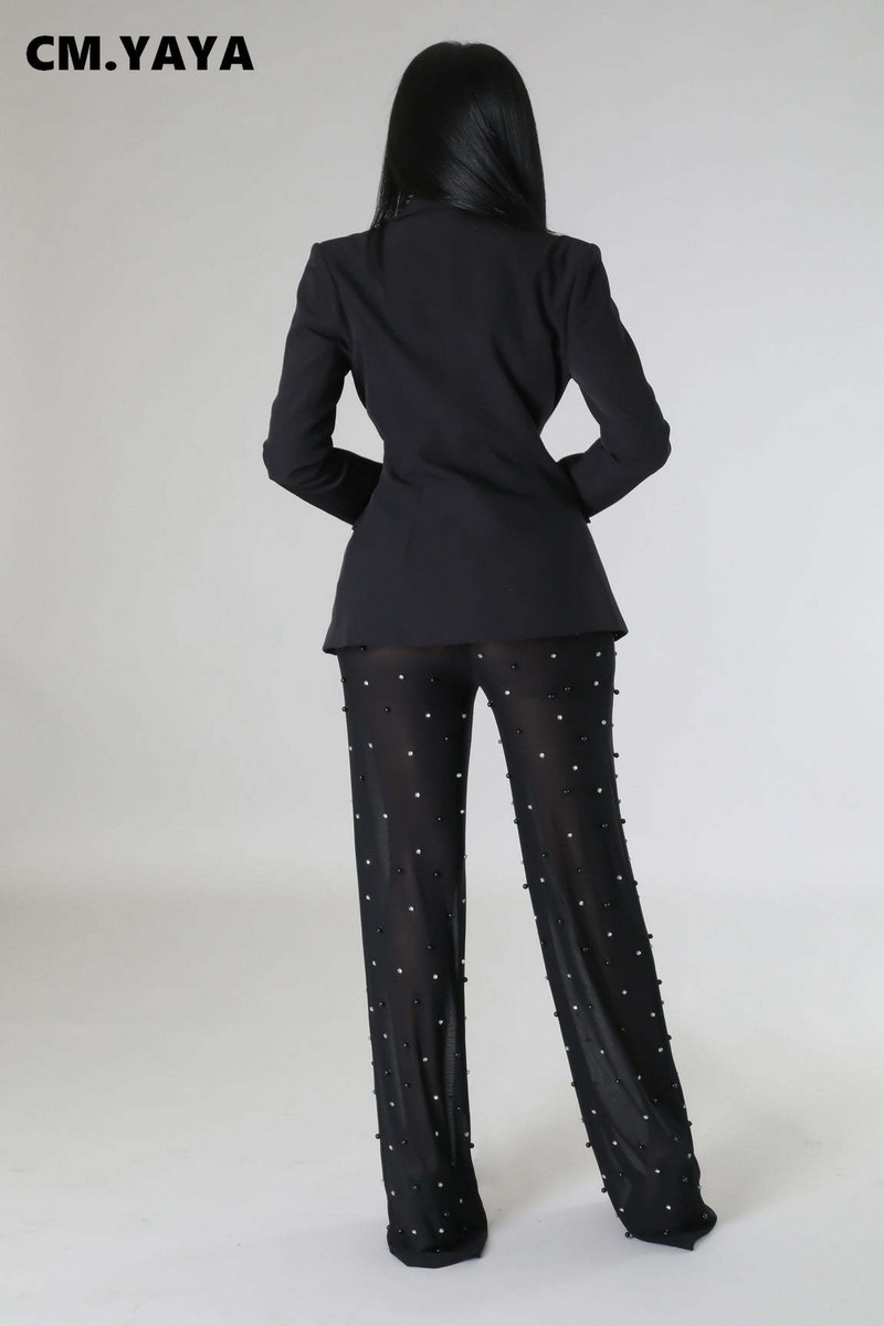 CM.YAYA Set de damă Street Chic Costum blazer cu mânecă lungă și pantaloni din plasă cu margele Iarna 2023 Set 2 piese ținută Trening