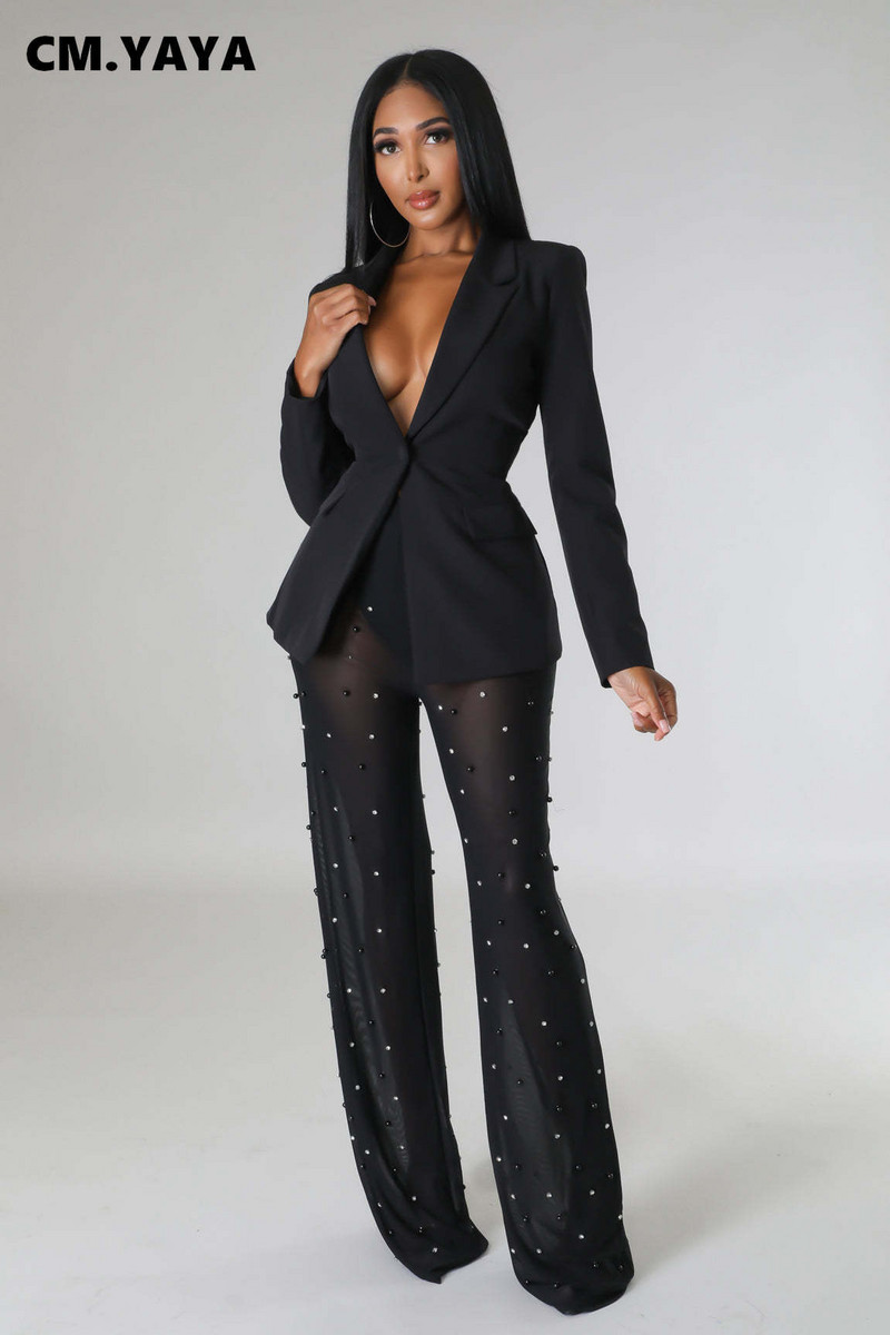 CM.YAYA Set de damă Street Chic Costum blazer cu mânecă lungă și pantaloni din plasă cu margele Iarna 2023 Set 2 piese ținută Trening