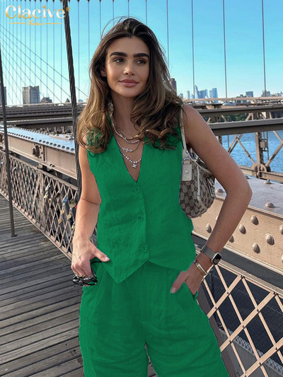 Clacive nyári fehér lenvászon kétrészes szett női 2024-es divatos ujjatlan felső új, hozzáillő magas derekú széles nadrág szett