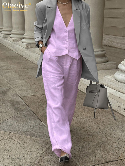 Clacive nyári fehér lenvászon kétrészes szett női 2024-es divatos ujjatlan felső új, hozzáillő magas derekú széles nadrág szett