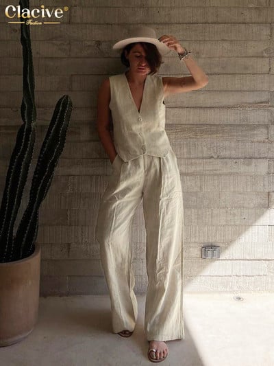 Clacive nyári fehér lenvászon kétrészes szett női 2024-es divatos ujjatlan felső új, hozzáillő magas derekú széles nadrág szett