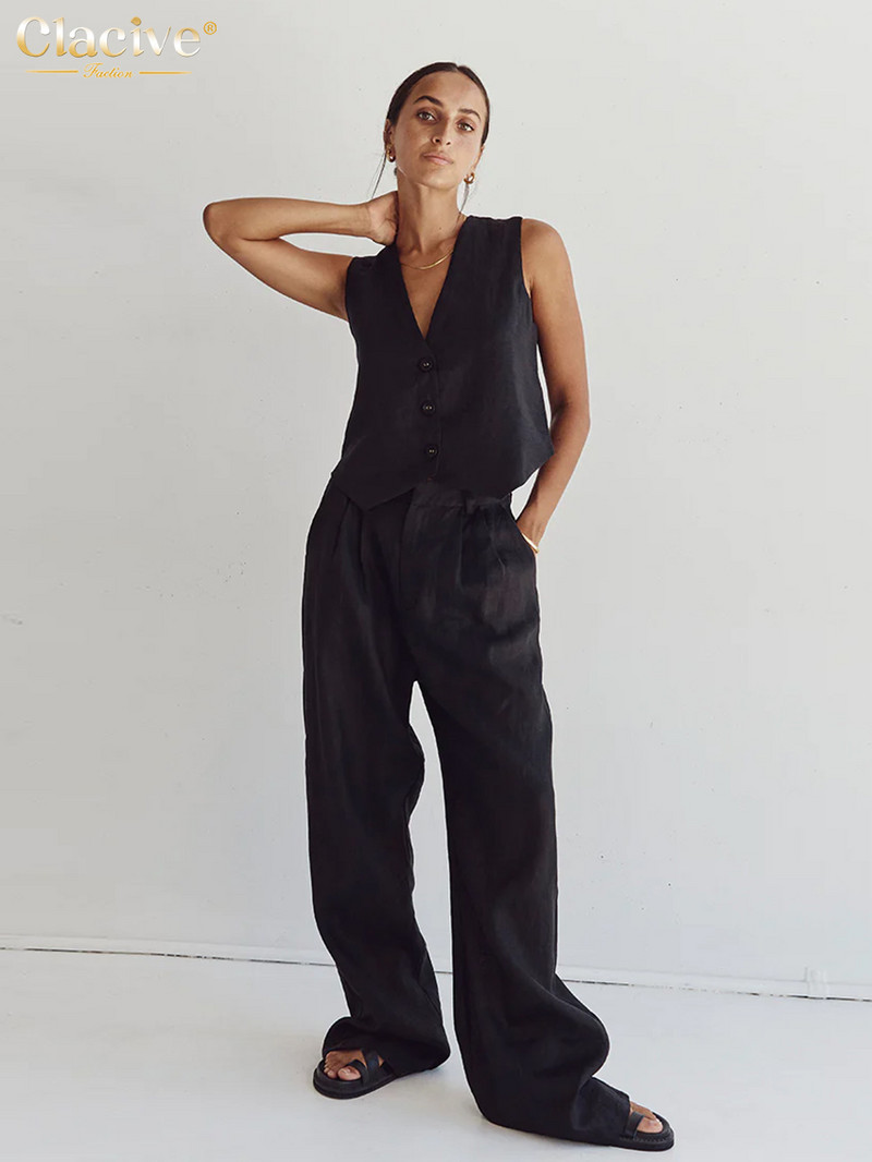 Clacive nyári fehér lenvászon kétrészes szett női 2024-es divatos ujjatlan felső új, hozzáillő magas derekú széles nadrág szett