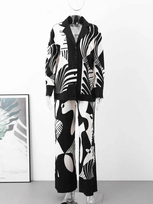 Naiste vabaajaprinteriga särk, 2-osaline komplekt Elegantne lahtised pikkade varrukatega särgid, laia säärega püksid, naiste ülikond 2023. aasta suvemoodne daamiriietus