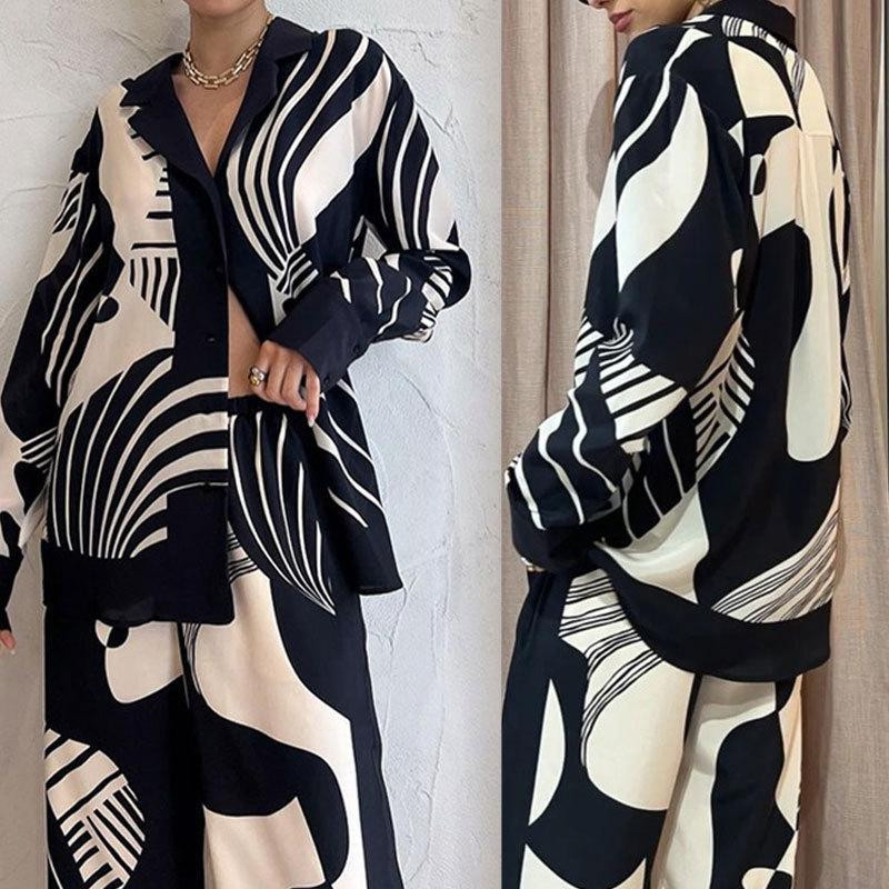 Naiste vabaajaprinteriga särk, 2-osaline komplekt Elegantne lahtised pikkade varrukatega särgid, laia säärega püksid, naiste ülikond 2023. aasta suvemoodne daamiriietus