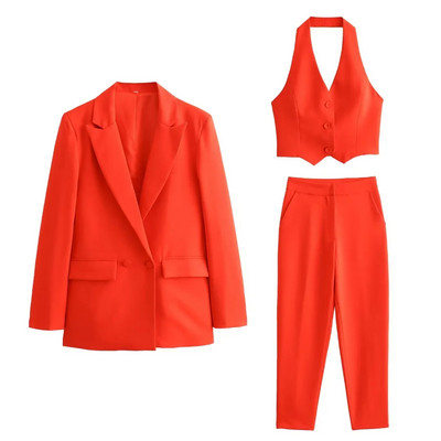 TRAFZA 2024 kevadsuvise kontori daami soliidsed ülikonnad, moodsad sälgud õlgu kehitavad bleiserid + rippuvad kaelavestid + stiilsed pliiatsiga pikad püksid