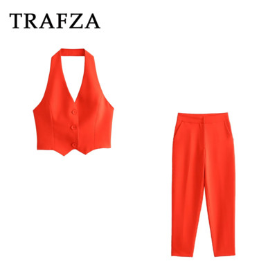 TRAFZA 2024 kevadsuvise kontori daami soliidsed ülikonnad, moodsad sälgud õlgu kehitavad bleiserid + rippuvad kaelavestid + stiilsed pliiatsiga pikad püksid