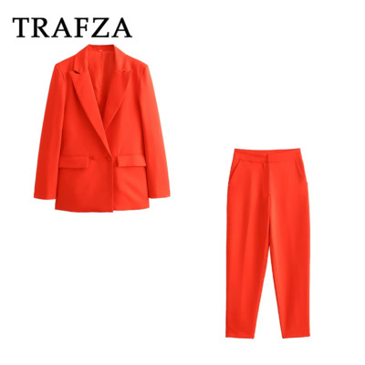 TRAFZA 2024 kevadsuvise kontori daami soliidsed ülikonnad, moodsad sälgud õlgu kehitavad bleiserid + rippuvad kaelavestid + stiilsed pliiatsiga pikad püksid