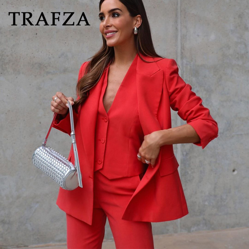 TRAFZA 2024 kevadsuvise kontori daami soliidsed ülikonnad, moodsad sälgud õlgu kehitavad bleiserid + rippuvad kaelavestid + stiilsed pliiatsiga pikad püksid