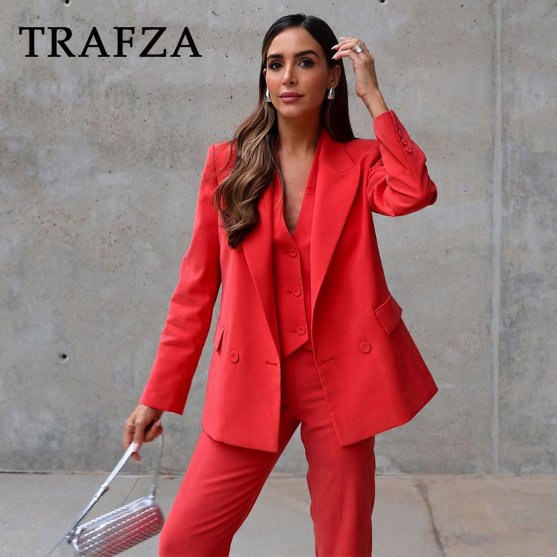 TRAFZA 2024 kevadsuvise kontori daami soliidsed ülikonnad, moodsad sälgud õlgu kehitavad bleiserid + rippuvad kaelavestid + stiilsed pliiatsiga pikad püksid
