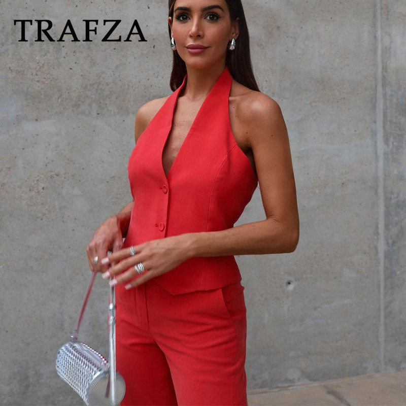 TRAFZA 2024 kevadsuvise kontori daami soliidsed ülikonnad, moodsad sälgud õlgu kehitavad bleiserid + rippuvad kaelavestid + stiilsed pliiatsiga pikad püksid