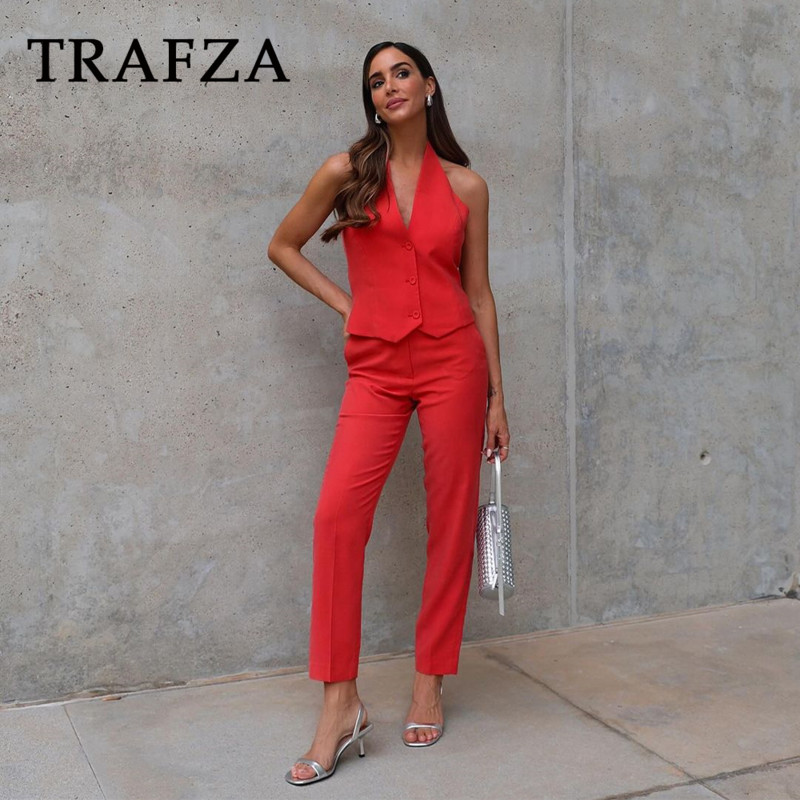 TRAFZA 2024 kevadsuvise kontori daami soliidsed ülikonnad, moodsad sälgud õlgu kehitavad bleiserid + rippuvad kaelavestid + stiilsed pliiatsiga pikad püksid