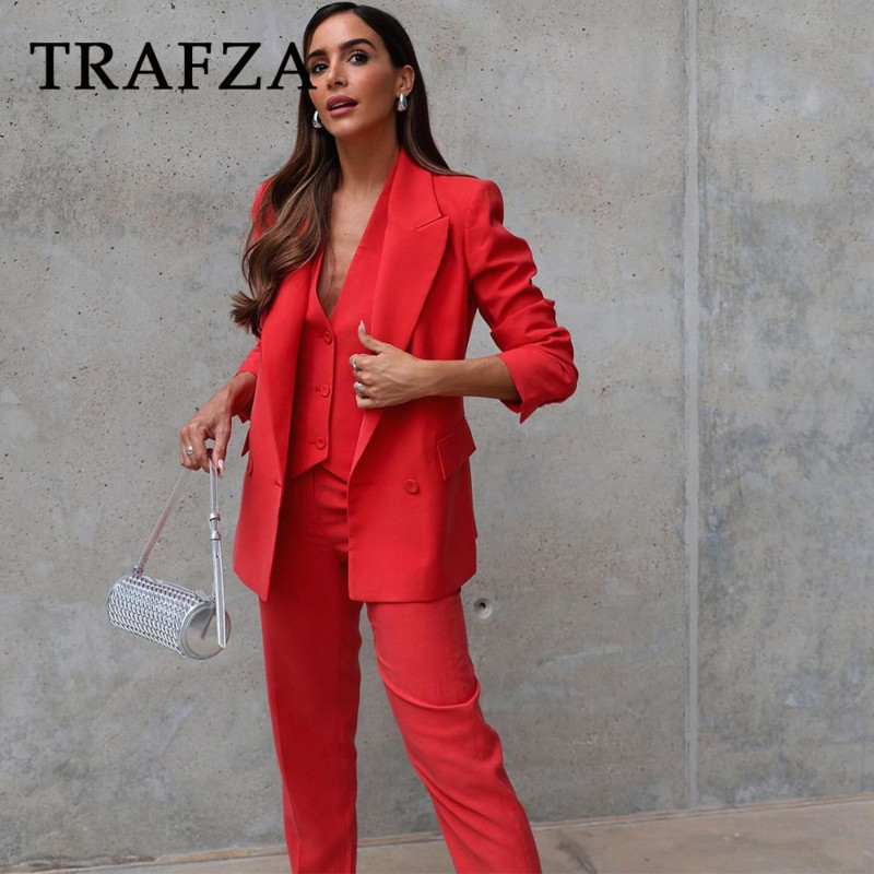 TRAFZA 2024 kevadsuvise kontori daami soliidsed ülikonnad, moodsad sälgud õlgu kehitavad bleiserid + rippuvad kaelavestid + stiilsed pliiatsiga pikad püksid