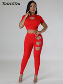 Kricesseen ženske komplet trenirki s kristalnim srcem i detaljima od 2 komada Glam šljokice Majica i komplet hlača Seksi klupska odjeća