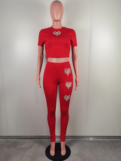 Kricesseen ženske komplet trenirki s kristalnim srcem i detaljima od 2 komada Glam šljokice Majica i komplet hlača Seksi klupska odjeća