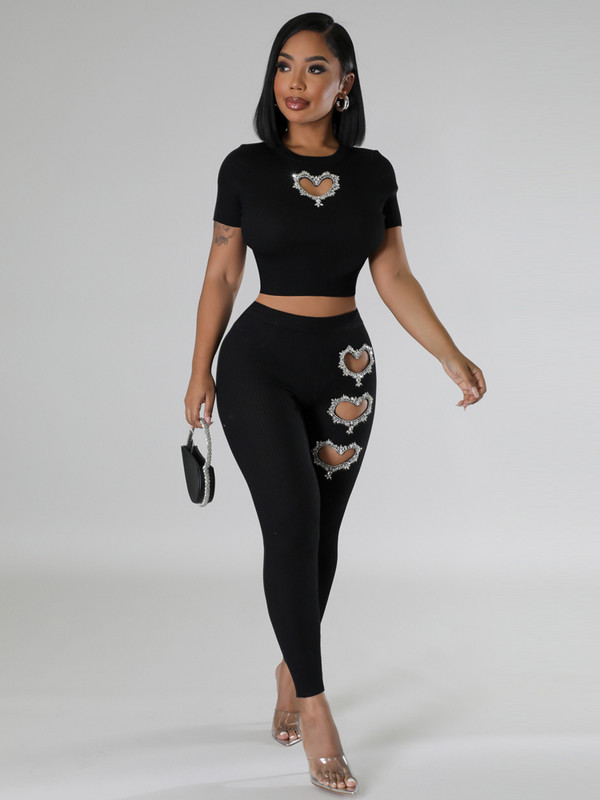 Kricesseen ženske komplet trenirki s kristalnim srcem i detaljima od 2 komada Glam šljokice Majica i komplet hlača Seksi klupska odjeća