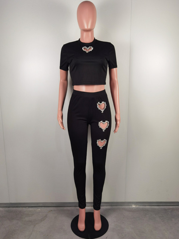 Kricesseen ženske komplet trenirki s kristalnim srcem i detaljima od 2 komada Glam šljokice Majica i komplet hlača Seksi klupska odjeća