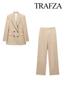 TRAFZA 2023 sügisene kaheosaline komplekt naiste riietuspükste komplektid, tugevad pikkade varrukatega nööbid, bleiserid mantel+ kõrge vöökohaga lukuga lahtised püksid