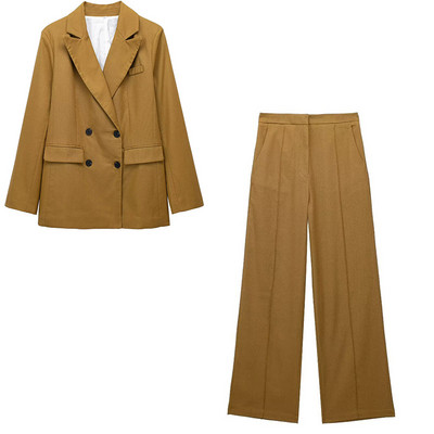 TRAFZA 2023 sügisene kaheosaline komplekt naiste riietuspükste komplektid, tugevad pikkade varrukatega nööbid, bleiserid mantel+ kõrge vöökohaga lukuga lahtised püksid