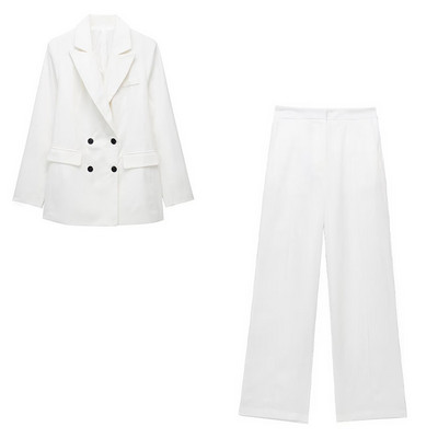 TRAFZA 2023 sügisene kaheosaline komplekt naiste riietuspükste komplektid, tugevad pikkade varrukatega nööbid, bleiserid mantel+ kõrge vöökohaga lukuga lahtised püksid