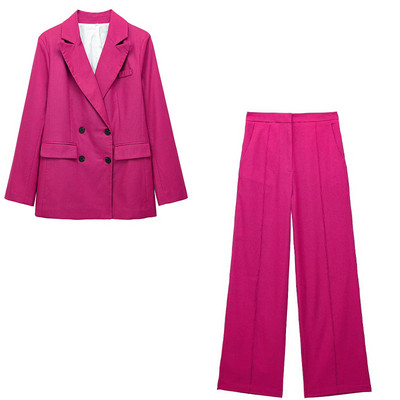 TRAFZA 2023 sügisene kaheosaline komplekt naiste riietuspükste komplektid, tugevad pikkade varrukatega nööbid, bleiserid mantel+ kõrge vöökohaga lukuga lahtised püksid