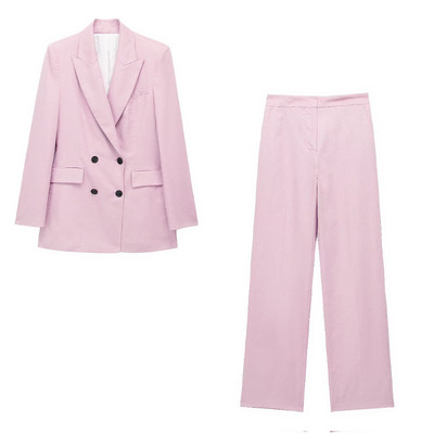 TRAFZA 2023 sügisene kaheosaline komplekt naiste riietuspükste komplektid, tugevad pikkade varrukatega nööbid, bleiserid mantel+ kõrge vöökohaga lukuga lahtised püksid