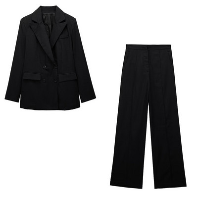 TRAFZA 2023 sügisene kaheosaline komplekt naiste riietuspükste komplektid, tugevad pikkade varrukatega nööbid, bleiserid mantel+ kõrge vöökohaga lukuga lahtised püksid