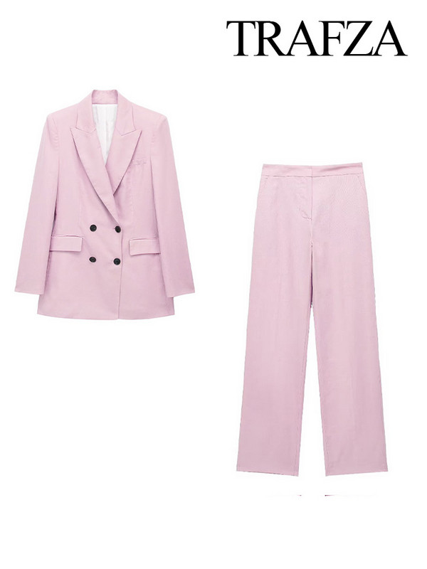 TRAFZA 2023 sügisene kaheosaline komplekt naiste riietuspükste komplektid, tugevad pikkade varrukatega nööbid, bleiserid mantel＋ kõrge vöökohaga lukuga lahtised püksid