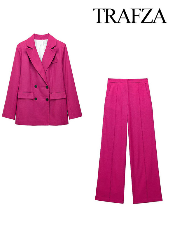 TRAFZA 2023 sügisene kaheosaline komplekt naiste riietuspükste komplektid, tugevad pikkade varrukatega nööbid, bleiserid mantel＋ kõrge vöökohaga lukuga lahtised püksid