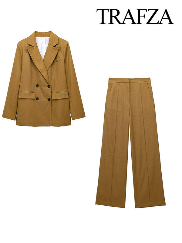 TRAFZA 2023 sügisene kaheosaline komplekt naiste riietuspükste komplektid, tugevad pikkade varrukatega nööbid, bleiserid mantel＋ kõrge vöökohaga lukuga lahtised püksid