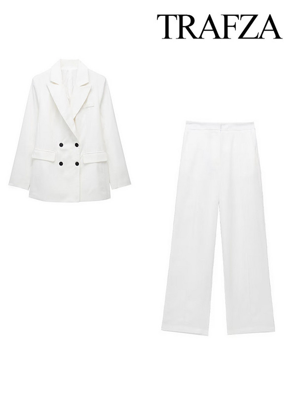 TRAFZA 2023 sügisene kaheosaline komplekt naiste riietuspükste komplektid, tugevad pikkade varrukatega nööbid, bleiserid mantel＋ kõrge vöökohaga lukuga lahtised püksid