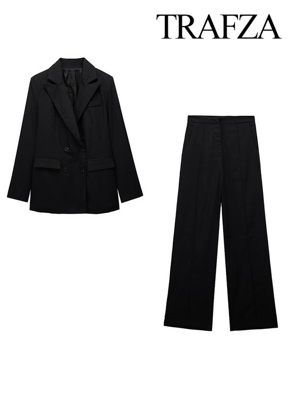 TRAFZA 2023 sügisene kaheosaline komplekt naiste riietuspükste komplektid, tugevad pikkade varrukatega nööbid, bleiserid mantel＋ kõrge vöökohaga lukuga lahtised püksid