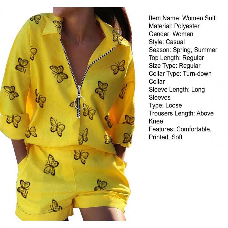 2 db/szett Női ing rövidnadrág öltöny lecsavarható gallérral hosszú ujjú tréningruha nyomtatott póló felső nadrág készlet