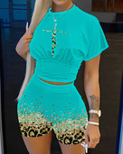 Vasaras ikdienišķa apdruka T kreklu īsie komplekti Sieviešu modes īsu piedurkņu apgrieztu tops un Bodycon šorti Divdaļīgs komplekts Sieviešu Boho uzvalki