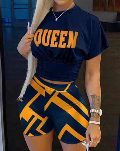 Vasaras ikdienišķa apdruka T kreklu īsie komplekti Sieviešu modes īsu piedurkņu apgrieztu tops un Bodycon šorti Divdaļīgs komplekts Sieviešu Boho uzvalki