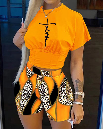 Vasaras ikdienišķa apdruka T kreklu īsie komplekti Sieviešu modes īsu piedurkņu apgrieztu tops un Bodycon šorti Divdaļīgs komplekts Sieviešu Boho uzvalki