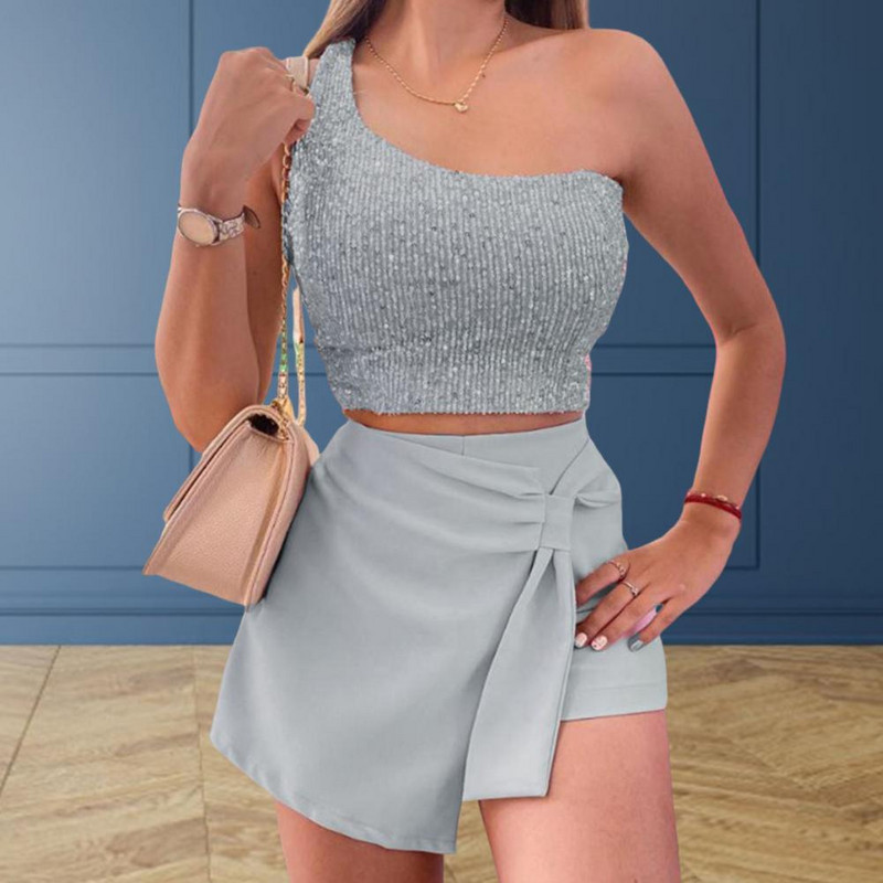 2db/szett Stílusos nyári ruha, puha öltöztető, rugalmas női flitterekkel, magas derekú rövidnadrág szett