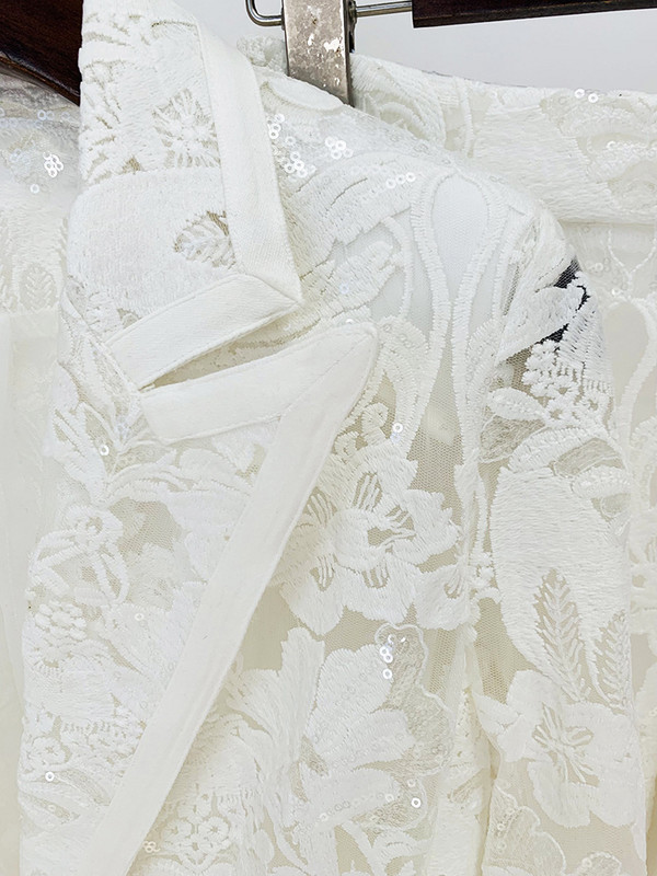 Ručno izrađen komplet hlača sa vezenim mrežastim šljokicama Bijeli novi dizajnerski komplet sa šljokicama Komplet kaputa i hlača Dvodijelni blejzer Hlače Punk odijelo