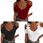 Ženska ljetna majica s izdubljenim otvorenim ramenima, kratkim rukavima, čipkastim cvjetnim dekorom, jednobojnim U izrezom, uskim krojem, mekana ženska majica, bluza me
