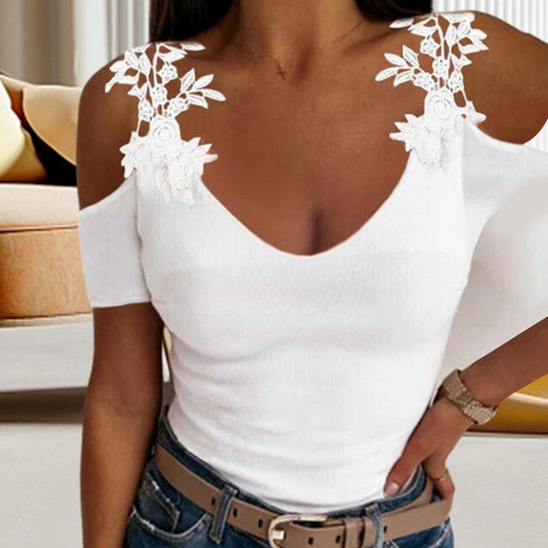 Ženska ljetna majica s izdubljenim otvorenim ramenima, kratkim rukavima, čipkastim cvjetnim dekorom, jednobojnim U izrezom, uskim krojem, mekana ženska majica, bluza me