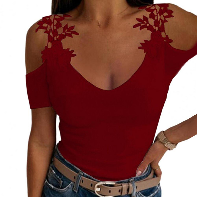Ženska ljetna majica s izdubljenim otvorenim ramenima, kratkim rukavima, čipkastim cvjetnim dekorom, jednobojnim U izrezom, uskim krojem, mekana ženska majica, bluza me