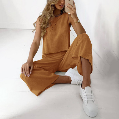 Ljetni dvodijelni kompleti 2023. Ženska majica bez rukava s O-izrezom Hlače širokih nogavica Odijela Ženska ležerna jednobojna odjeća od pamučnog lana